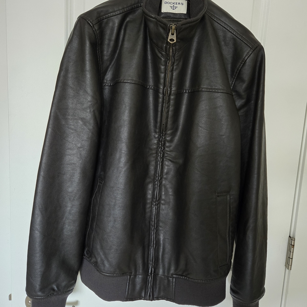 Dockers Men's Faux Leather Bomber Jacket, Brown, Large - New